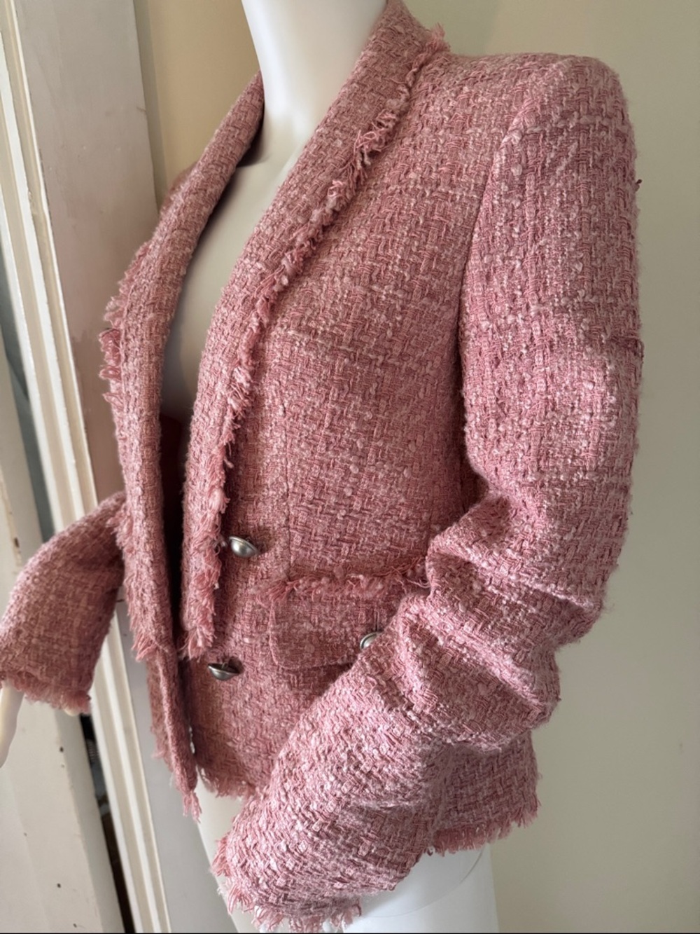 Express Pink Tweed Fringed Pocket Blazer - Picture 2 of 9